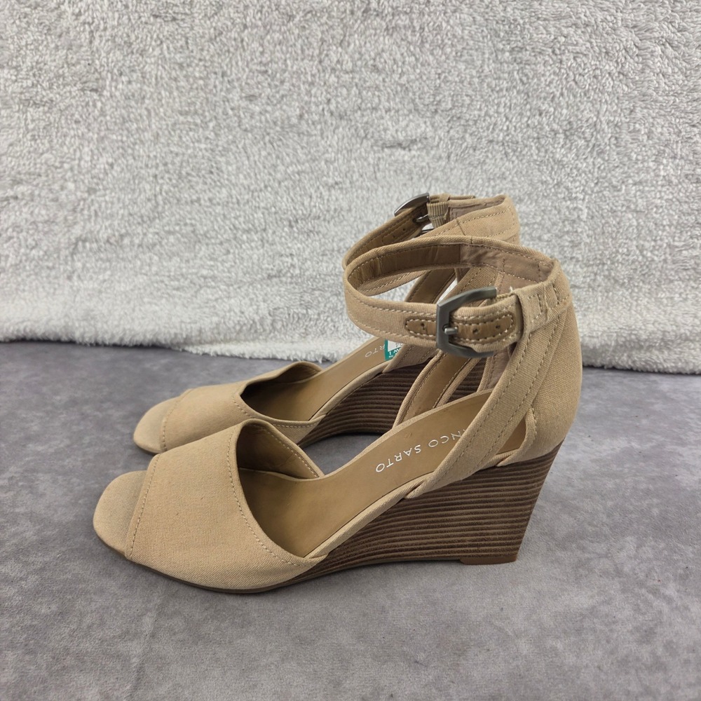 Franco Sarto Hanson 2 Tan Beige Fabric Ankle Strap Wedge Sandals 8.5M